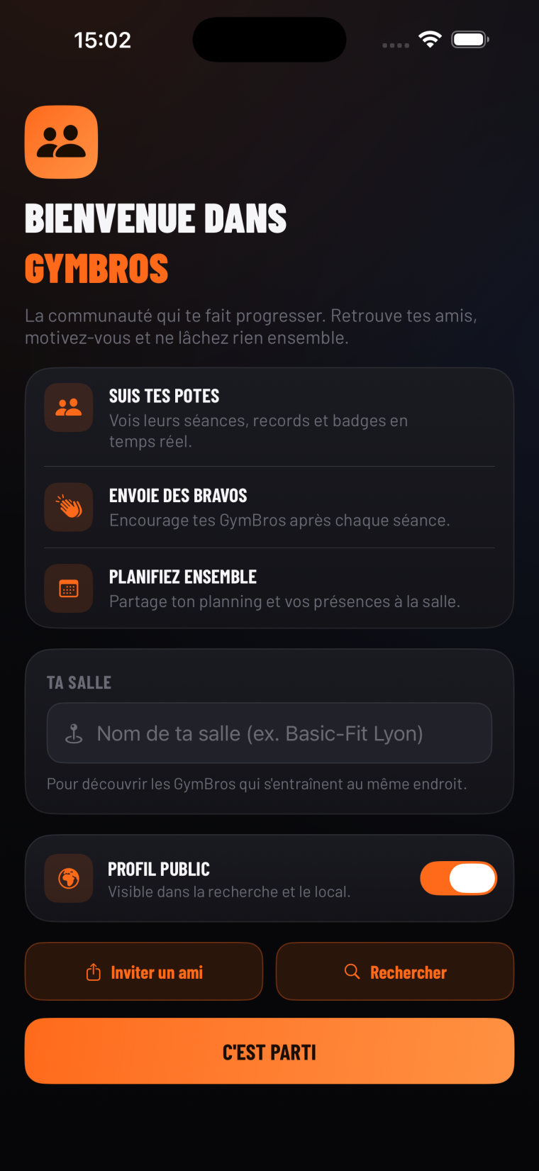Écran GymBros : suivre ses potes, envoyer des bravos, planifier ensemble et renseigner sa salle